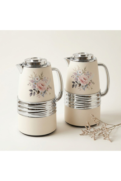 revan 2-Piece Luxury Thermos and Flask Set in Cream Beige with Pastel Floral ...
