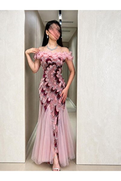 Mar style Midi Long Tulle Moofa Collar Halter Neck Evening Dress with Pearl E...