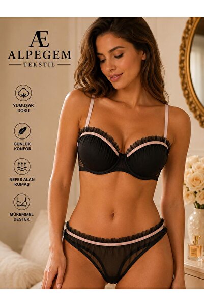 Alpegem Tekstil ALPEGEM Büzgülü Destekli Siyah Sütyen Ve Tanga Takımı