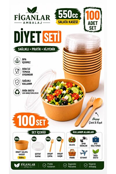 figanlar ambalaj FİGANLAR Diyet Seti 100’lü 550 cc Kraft Salata Kasesi Kapakl...