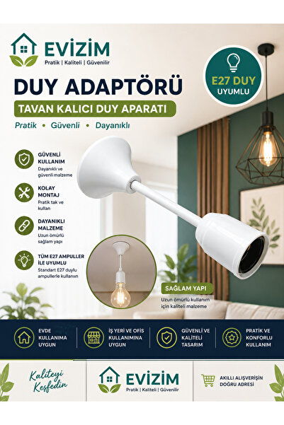 Evizim Tavan Duy Adaptörü Ampul Duyu Pratik Montaj Kalıcı Duy Aparatı Beyaz