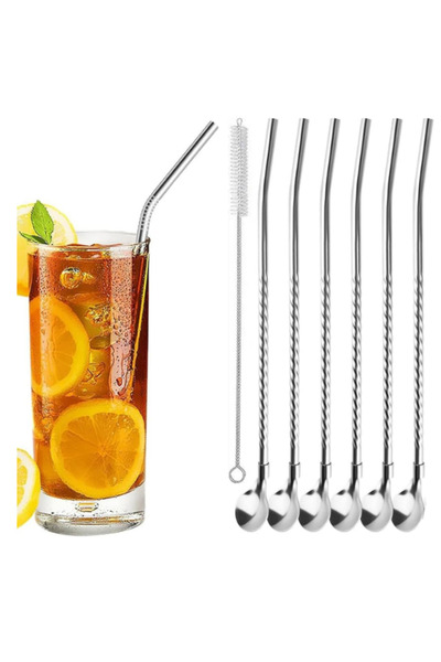 mucit home Kaşıklı Milkshake Pipeti Gümüş Paslanmaz Çelik 6'Lı Pipet Seti+ 1 ...