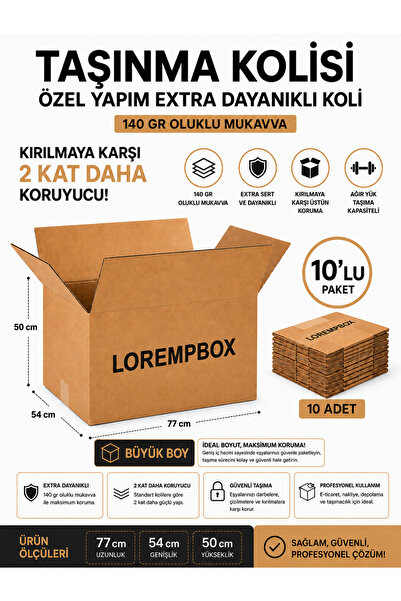 LOREMPBOX Büyük Boy Taşınma Kolisi Ekstra Kalın Oluklu Mukavva 140 GR Dayanık...