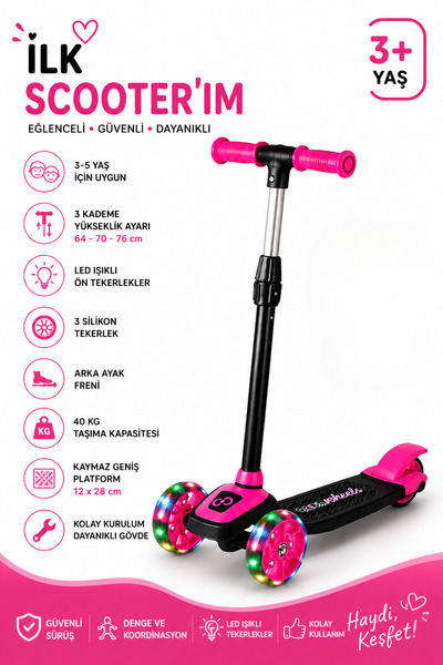welcomein 3 Tekerlekli LED Işıklı Çocuk Scooter 3 Kademeli Ayarlanabilir Yüks...