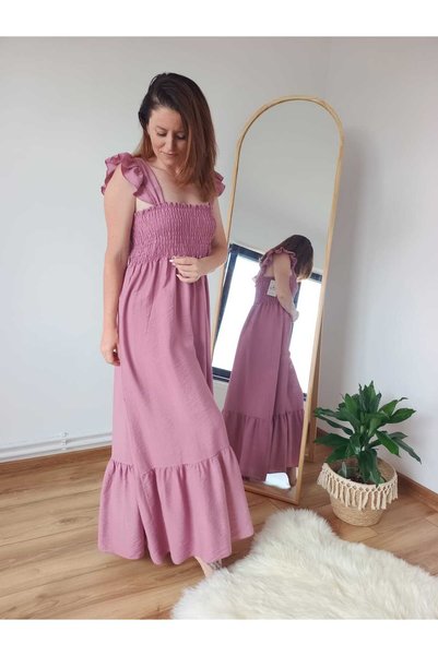 NICI UN BREND Rochie lunga de vara, cu bretele cu volanase - Roz pudra