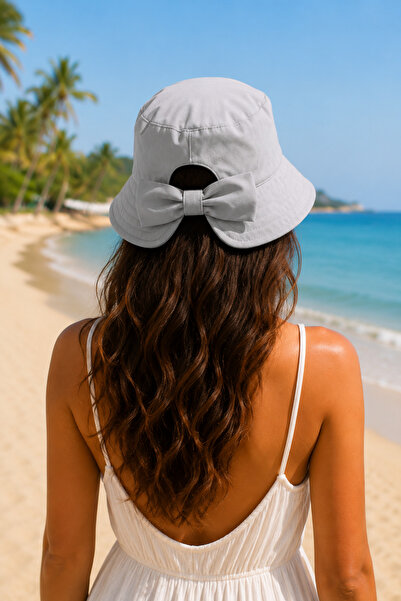 RAİR BEAUTY Women's Gray Bucket Hat with Bow Detail - (Adjustable with the Hat's Brim for Fitting) Bucket Hat with Adjustable Velcro on the Back