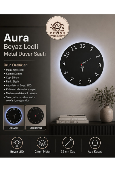 YRC Tasarım YRC Design Aura Gün Işığı Ledli Metal Duvar Saati – 35 cm Siyah