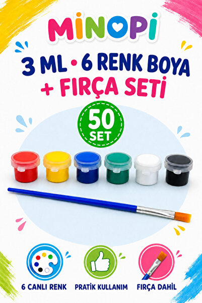 Minopi 6 Renk Akrilik Boya 3 ml ve Fırça seti 50 Set