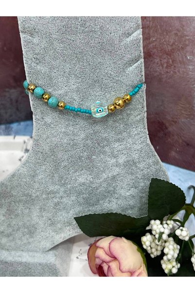 stainless steell Women's Turquoise Natural Stone Glass Evil Eye Beaded Anklet