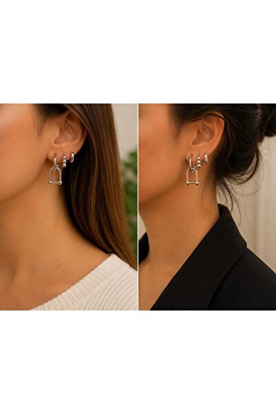 Silver Geometrik Çoklu Küpe Seti – 3'lü Modern Kombin Küpe