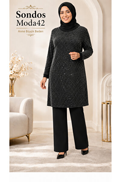 Sondos Moda42 Hesna Hasret Large Size Caviar Printed Round Neck Stone Embroid...
