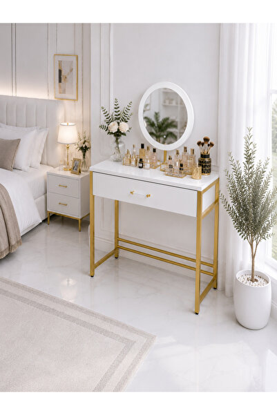 DOGANDEKOR GOLD-BEYAZ MAKYAJ MASASI SETİ