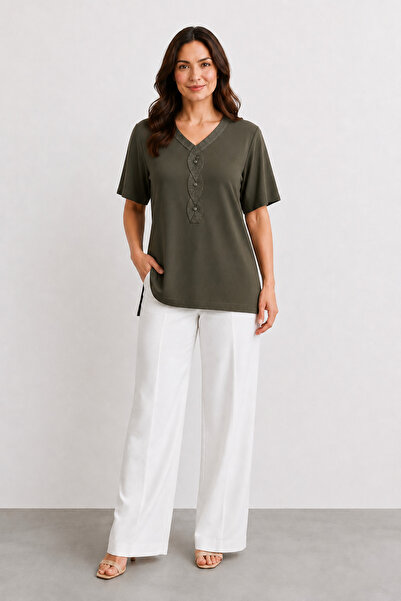 bihan store Women's V-Neck Button and Embroidery Detailed Short Sleeve Blouse...