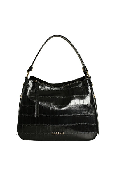 Platin Black Leather Crocodile Print Women's Shoulder Bag