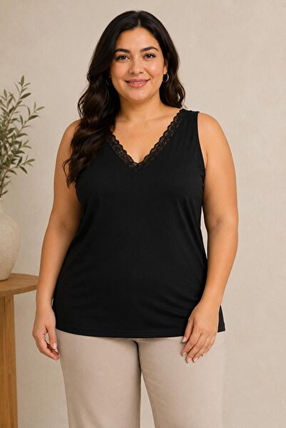 Paw Garage Women's Plus Size Casual Blouse - V-Neck Lace Detailed Undershirt