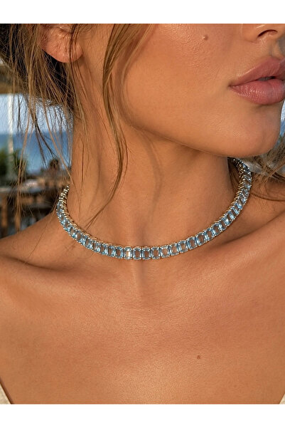 h&b design jewel قلادة من حجر الكريستال الأزرق الفولاذي