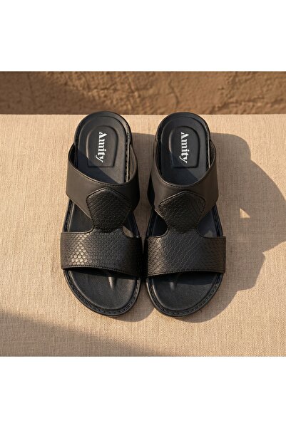 Lucky Steps Men's Textured PU Leather Slide Sandals Non-Slip Thick Sole Open ...