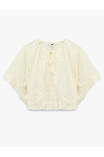 Koton Tie-Detail High Neck Short Sleeve Cotton Oversize Blouse