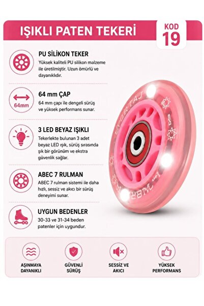 Sportaj 64 mm Beyaz Led Işıklı Pembe Paten Tekeri PU Silikon Abec 7 Rulmanlı KOD 19