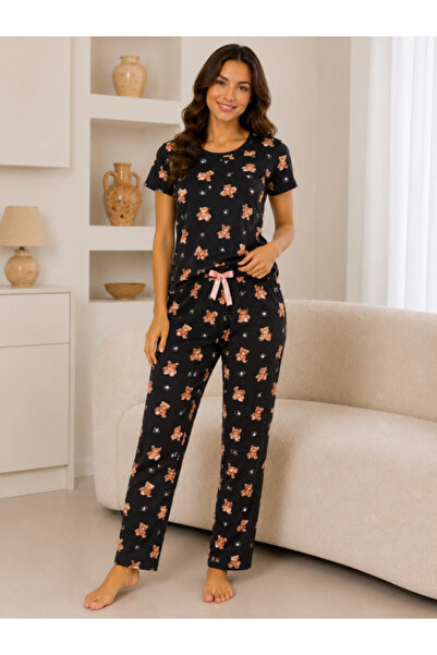 Enisa moda Pijamale de damă 100% bumbac cu imprimeu cu ursuleți, pantaloni lu...