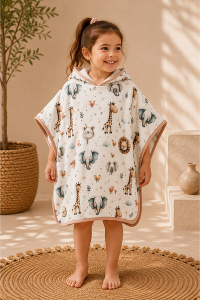 Daylife Hooded Kids Poncho Safari Patterned Soft Plush Beach, Pool and Bath P...