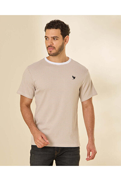 REDTAG Men White Striped Jacquard T-Shirt