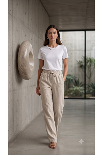 esmara Women's Beige Linen Blend Drawstring Trousers