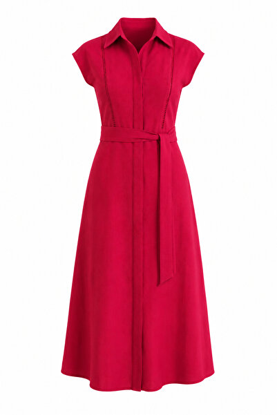 QUAŞE Shirt Collar Red Draped Linen Dress