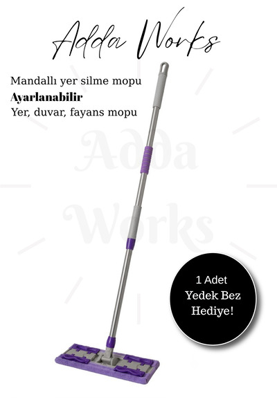 Adda Works Mandallı Yer Mopu Mikrofiber Temizlik Mopu | 1 Yedek Bez Hediyeli ...