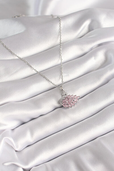 ForWhat Pink Swan Women's Necklace with Silver Brass Zircon Chain for Elegant...