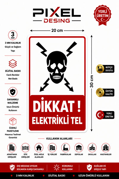 PixelDesign Dikkat Elektrikli Tel Levhası, Elektrikli Çit Uyarı Levhası, Elek...