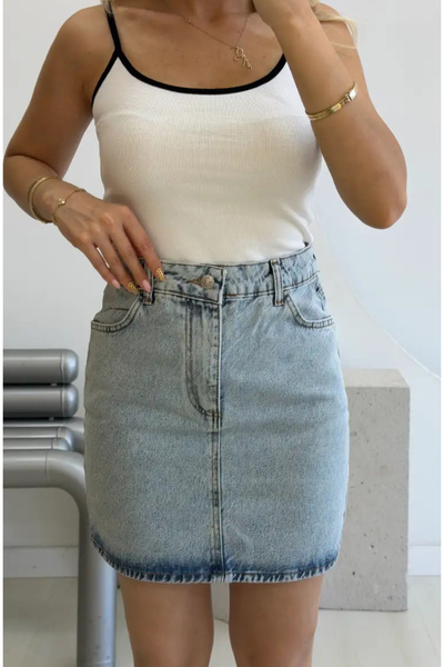 Perry Boutique Γυναικεία Μίνι τζιν φούστα με ψηλόμεσο σχέδιο σε ανοιχτό μπλε ...