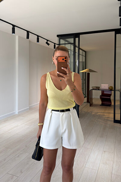 Sezgi Tekin Front and Back V-Neck Yellow Slim Knitwear Blouse