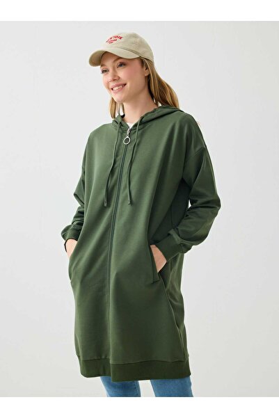 Benin Basic Fermuarlı Kapüşonlu Sweatshirt - Haki -