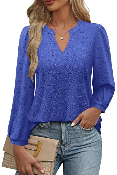 OEM Blue blouse, loose fit for women, with long sleeves, V-neck, L
