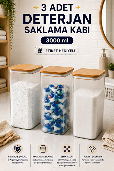 Zivora Home 3'lü 3 Lt Etiketli Ahşap Kapaklı Tablet Deterjan Saklama Kabı – B...