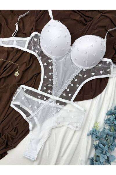 ROZENİN LINGERIE Kalpli Destekli Tül Detaylı Çıtçıtlı Body