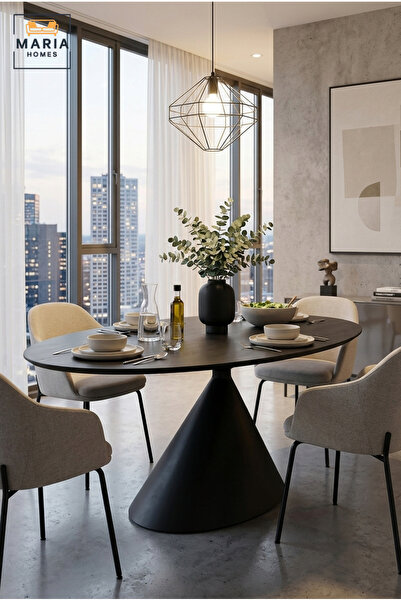 MARIA HOMES طاولة طعام بيضاوية عصرية بقاعدة مخروطية منحوتة، طاولة طعام معاصرة...
