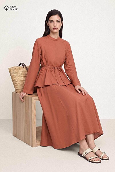 Hooopstore Cotton Pleated Detailed Cinnamon Skirt Set