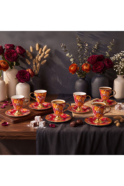 Aryıldız Begonia 12 Parça 6 Kişilik Kahve Fincan Takımı Kırmızı 100 ml