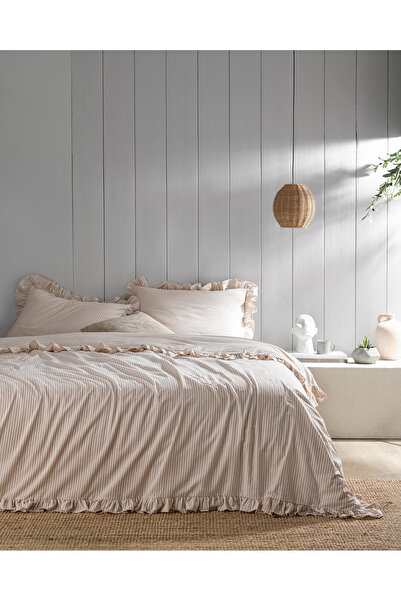 Madame Coco Verona Single Ruffled Yarn-Dyed Duvet Cover Set - White/Beige