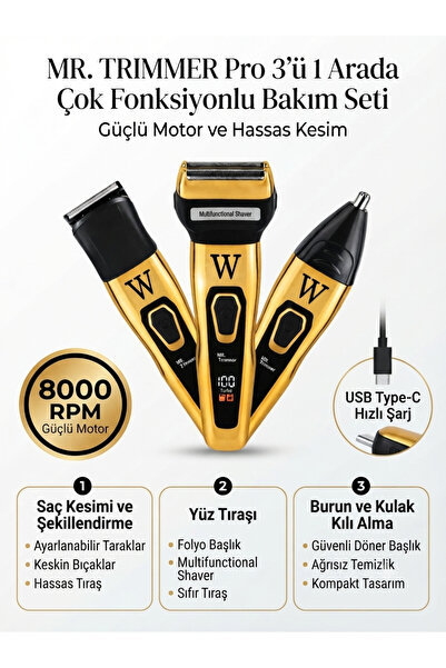 Hanedanev 3ü1 Arada Şarjlı Kişisel Bakım Seti 8000 RPM, LED Gösterge Saç, Sak...