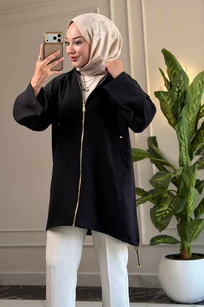 Suede Style 6406 - Comfortable Zippered Pocket Hooded Long Cap with Hood Detail