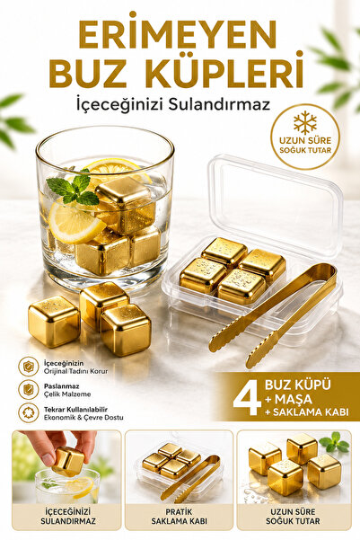 MİMOZA PARK 4 Pieces Gold Stainless Steel Ice Mold Cooling Stone with Tongs R...
