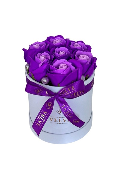velve Aranjament floral Glamour Double Color, cutie rotunda cu 7 trandafiri s...