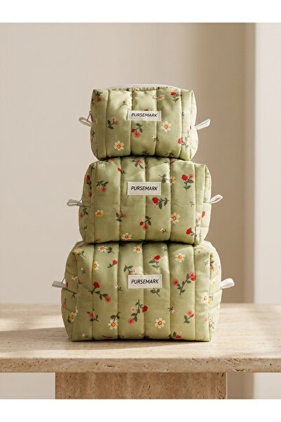 PURSEMARK Yeşil Çiçek Desenli Kapitone El Yapımı (3'lü Set ) Makyaj Çantası –...
