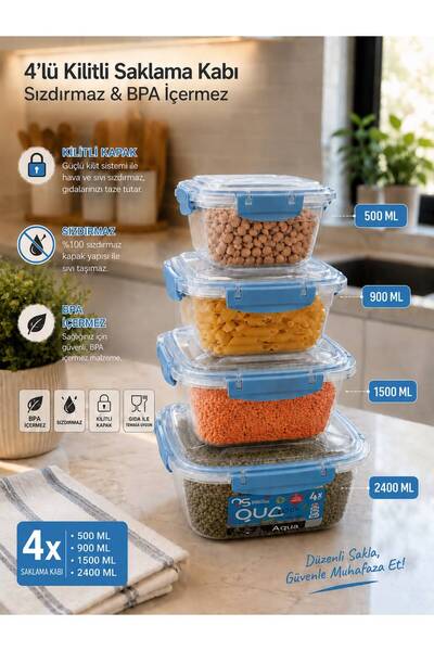 LOREMPBOX 4-Piece Lockable Storage Container, Leak-Proof, Bpa-Free, Blue Color