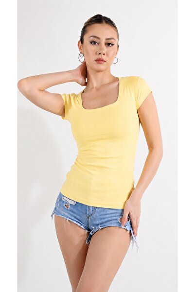 moda felinya KADIN KISA KOLLU KARE YAKA AÇIK SARI RENK BODY T-SHİRT BLUZ