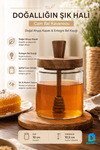 DolphFin Glass Honey Jar with Wooden Lid and Integrated Honey Spoon 10 cm