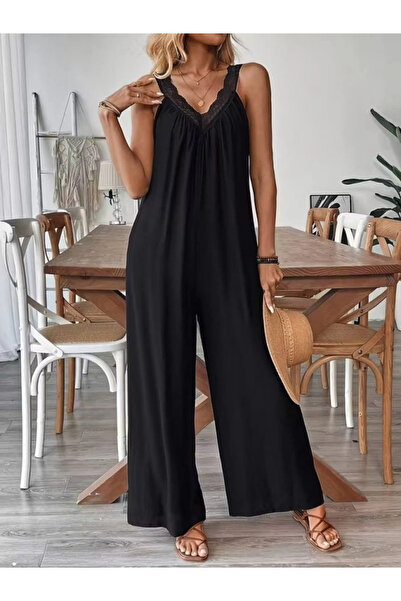 Beruflic Women's Akılı V Lace Collar Wide Cut Detailed Viscose Jumpsuit